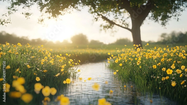 Fototapeta A tranquil meadow landscape with a small stream and vibrant yellow flowers at dawn.