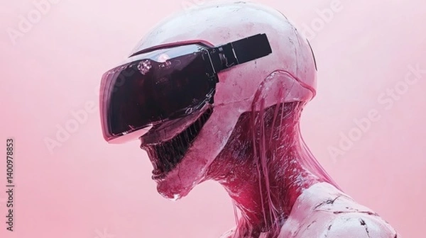 Obraz Futuristic pink alien wearing virtual reality headset exploring metaverse