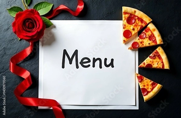 Fototapeta 
The cover for the menu is on a black background, white paper, a frame of pizza slices and a red rose with a ribbon.
