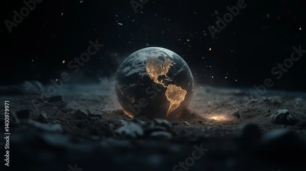 Fototapeta Glowing Earth emerging from the ground amidst a dark and mysterious landscape