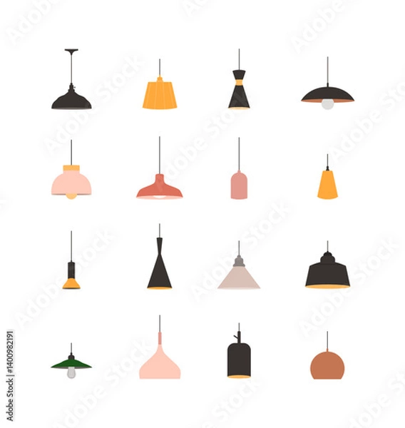 Fototapeta Set of Hanging Ceiling Lamps in Flat Vector Style for Interior Design and Decoration