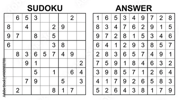 Fototapeta Vector sudoku with answer 27. Educational game with numbers for kids and leisure for adult on white background