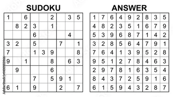 Fototapeta Vector sudoku with answer 26. Educational game with numbers for kids and leisure for adult on white background
