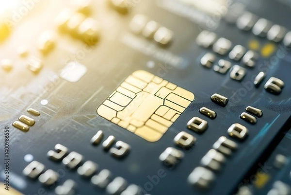 Obraz Golden Smart Chip Detail on Credit Card Surface with Embossed Numbers Macro Shot