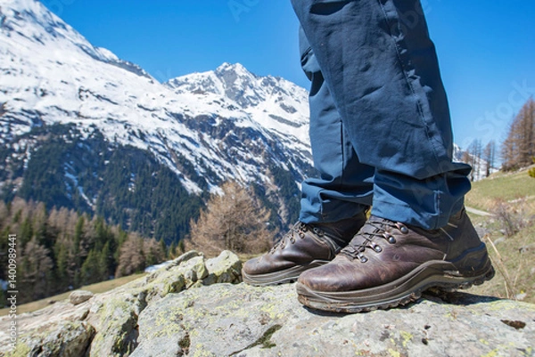 Fototapeta Hiking boots wearing by a man standing on a rock with snowy mountain background