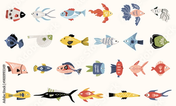 Fototapeta Folk hygge ocean fishes clip arts, hand drawn vector set in Scandinavian Nordic style, isolated on white. Collection of classic ethnic elements. The scandi folk motifs pack