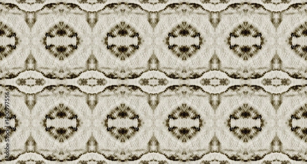 Obraz Brown Color Vintage Pattern. Seamless Ikat Dirt. Beige Color Bohemian Batik. Rustic Grunge Geometric Textile. Tribal Vintage Brush. Abstract Watercolor Repeat Pattern. Abstract Grunge Ikat Brush.