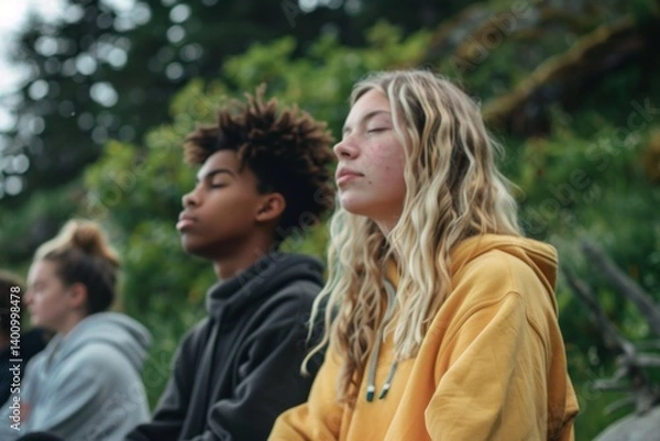 Fototapeta A group of teenagers practicing mindfulness meditation, demonstrating positive methods to manage stress and anxiety,