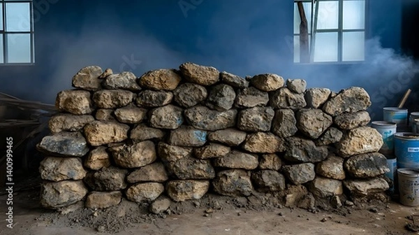 Fototapeta Stone Wall Construction in a Dimly Lit Workshop with Smoke Effects