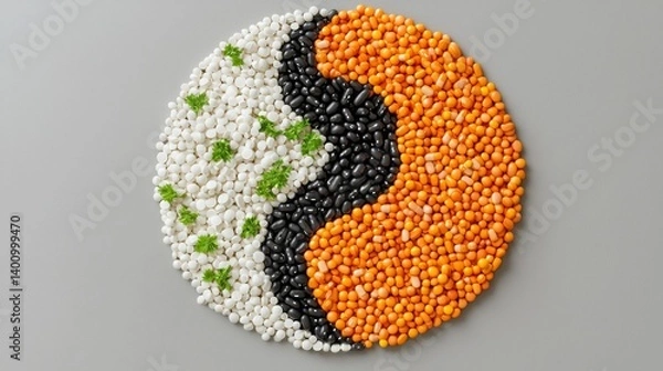 Obraz Health, immunity and balance concept. Yin-yang design made of various grains and seeds on a neutral background.