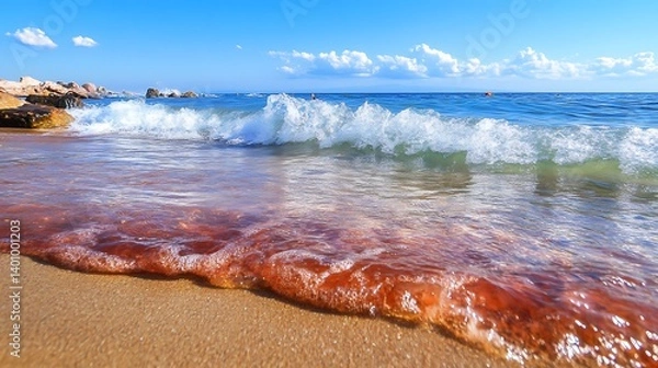 Fototapeta Calm Ocean Waves Lapping Against Shoreline on Sunny Day