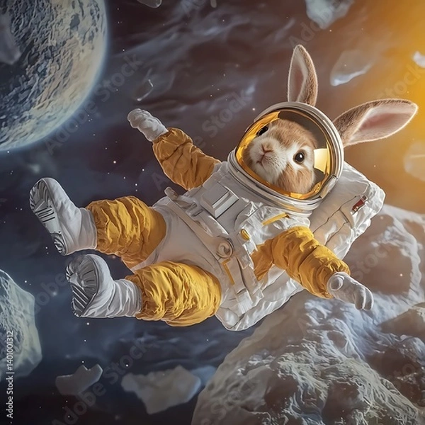 Fototapeta Funny Rabbit in Space Suit Floating Among Asteroids and Stars