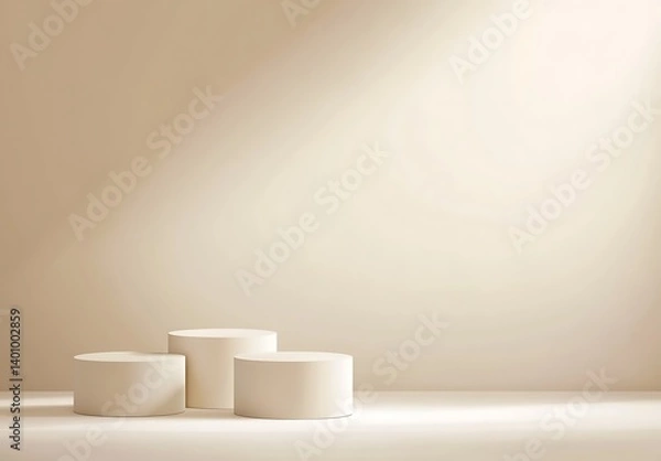 Obraz 3d display product beige minimal scene with geometric podium platform. cylinder background vector 3d rendering with podium. stand for cosmetic products. Stage showcase on pedestal 3d beige studio