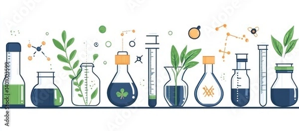Fototapeta Botanical Science: Vector Illustration of Lab Beakers with Plants and Chemical Structures