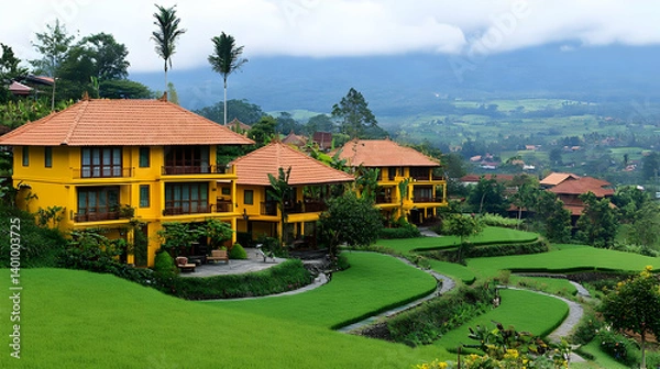 Fototapeta Yellow Resort Buildings with Red Tile Roofs Overlooking Green Rice Terraces and Distant Cloudy Mountains Under Sunny Sky