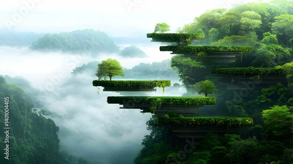 Obraz Layered Floating Platforms In Lush Rainforest Landscape