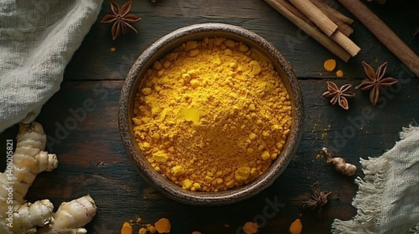 Fototapeta A top-down flatlay of a rustic ceramic bowl filled with ground turmeric powder, surrounded by fresh turmeric roots, star anise, cinnamon sticks, and a linen napkin, shot on a dark wooden table.