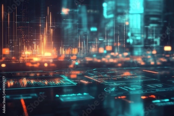 Fototapeta futuristic digital dashboard with glowing orange and blue holographic graphics in cityscape. concept of technology, data analysis, finance innovation. tech design, business presentation