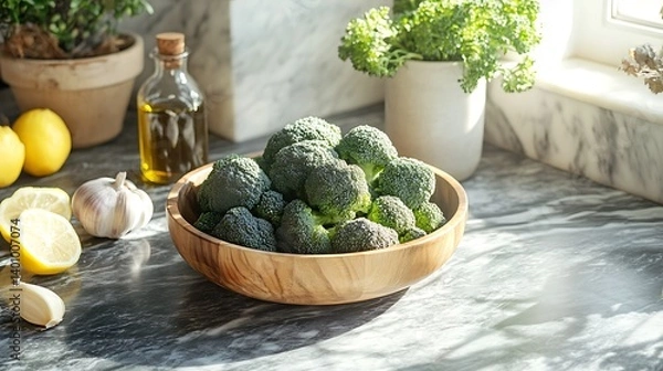 Fototapeta A vibrant still life of fresh broccoli florets in a wooden bowl on a marble countertop, surrounded by garlic, olive oil, and lemon slices, with soft natural light casting detailed shadows.