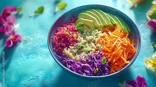 Fototapeta A vibrant vegan salad bowl with shredded carrots, red cabbage, quinoa, and avocado slices, arranged in a high-contrast, colorful composition with bright daylight and crisp textures.