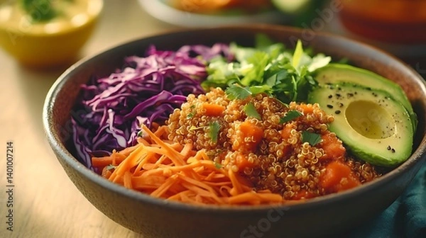 Fototapeta A vibrant vegan salad bowl with shredded carrots, red cabbage, quinoa, and avocado slices, arranged in a high-contrast, colorful composition with bright daylight and crisp textures.