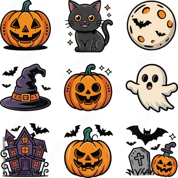 Fototapeta Flat Halloween element collection vector illustration isolated On Transparent Background