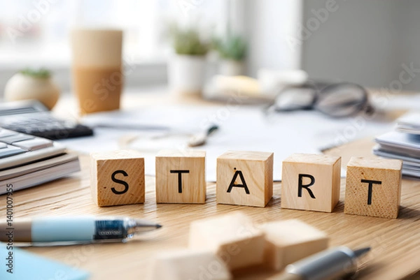 Fototapeta Wooden blocks spelling start, modern workspace filled with stationery and plants, motivational theme for new projects.
