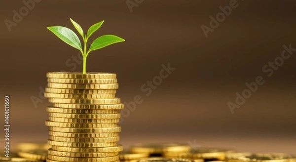 Fototapeta Sprout growing from a stack of gold coins  perfect for financial growth concepts, investments, money management, and wealth building themes.