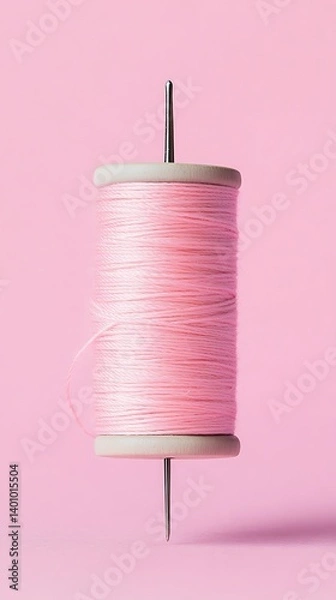 Obraz Pink Thread Spool with Needle on Pink Backdrop Sewing Craft Supply Still Life