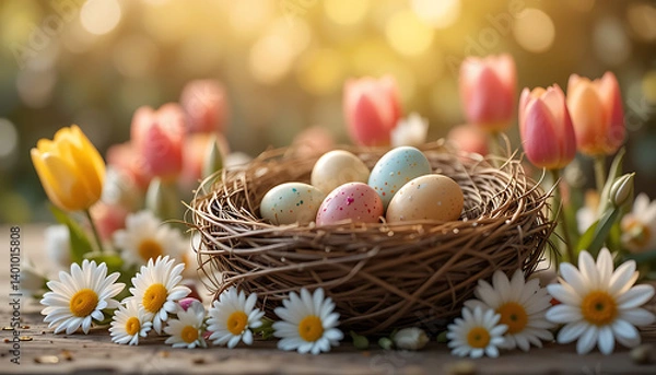 Fototapeta Easter Eggs in Nest with Flowers and Tulip Background