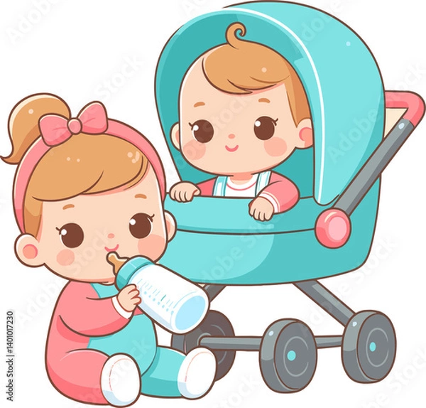 Fototapeta Two adorable babies, one in a stroller, share a bottle.