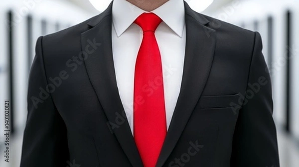 Fototapeta Conflict office diversity. A well-dressed individual in a black suit and red tie stands confidently in a sleek, modern corridor.