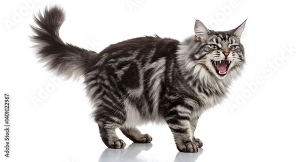 Fototapeta AI image captures a side profile of an angry grey tabby cat hissing aggressively, isolated on a reflective white background.