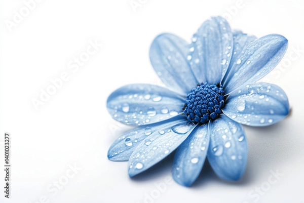 Fototapeta Close up of a light blue flower with water droplets on a white backdrop