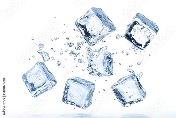Fototapeta A clean image showing several ice cubes floating with water droplets on a white background plain studio shot