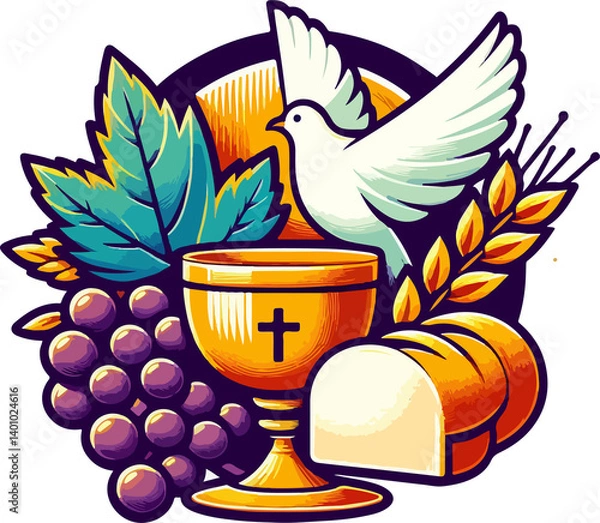Fototapeta Religious symbols of communion, featuring a chalice, bread, grapes, and a dove.