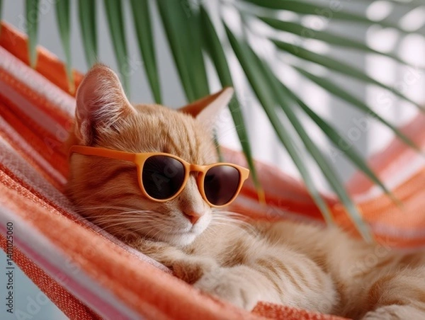Fototapeta Charming cat in sunglasses lounging on a hammock embracing the relaxing vibe and playful nature of feline life