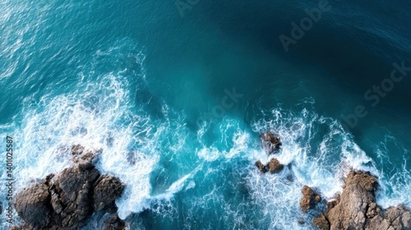 Fototapeta Aerial view of vibrant blue ocean waves crashing against rugged rocks creating a stunning natural seascape scene