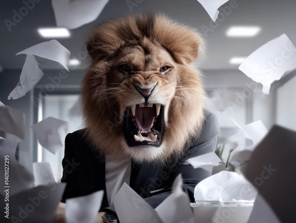 Fototapeta Furious lion dressed in a business suit tearing paper in a chaotic office environment illustrating power and strength
