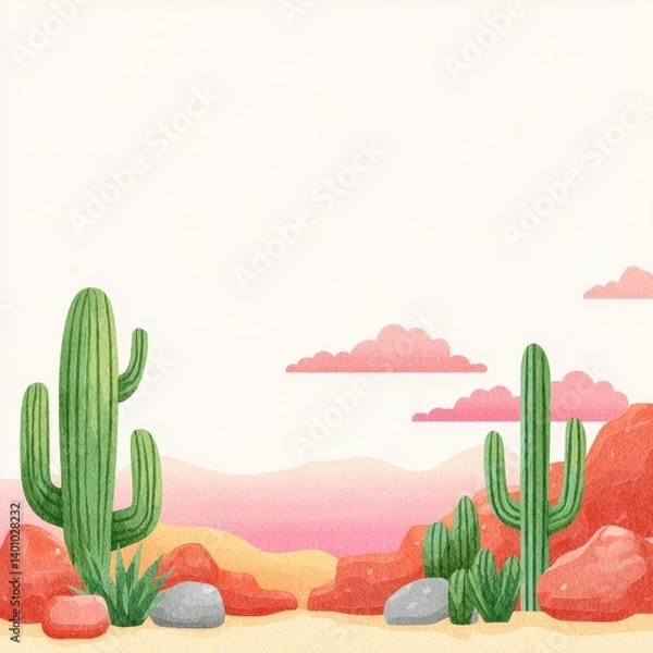 Obraz Pastel Pink Desert Sunset with Cacti and Rocks Illustration