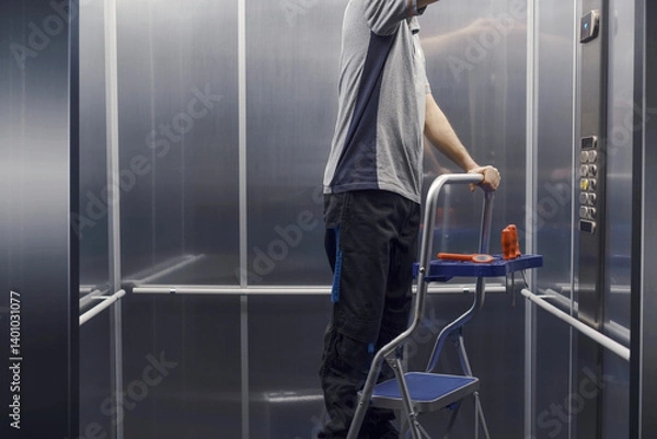 Fototapeta Elevator mechanic repairing the elevator