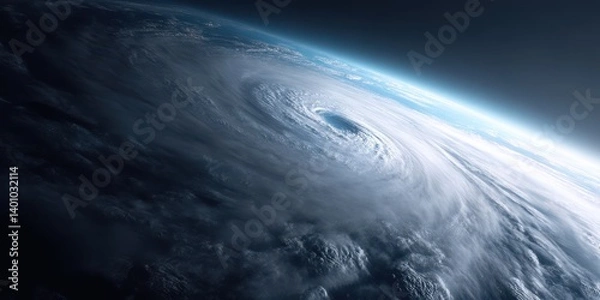 Fototapeta Dramatic satellite view of a fierce tropical hurricane swirling in the night sky capturing nature's raw power