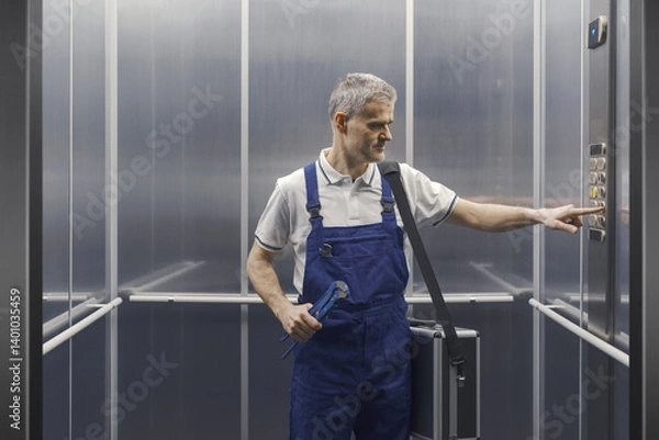 Fototapeta Professional plumber in the elevator