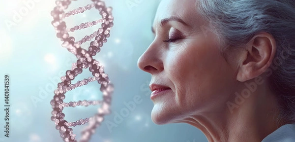 Fototapeta Profile portrait of senior woman with closed eyes. DNA double helix structure in gentle pastel background. Concept of genetic research, biotech ageing, anti-age, gerontology science, skin care,