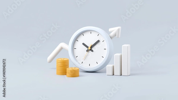 Fototapeta 3D illustration of clock with arrows, coins, and bar graph symbolizes business success and growth. scene conveys sense of time management and financial progress