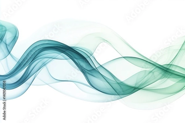 Fototapeta Abstract flowing teal and green waves on a clean white canvas 