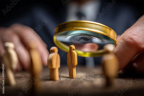 Fototapeta The recruitment concept with a magnifying glass highlights standout figures among wooden figurines.