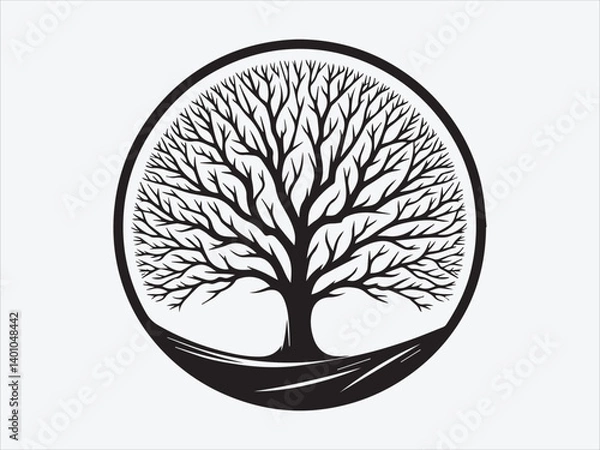 Fototapeta Tree in Circle Frame Silhouette with Elegant Nature Symbol for Minimalist Botanical and Spiritual Art Designs