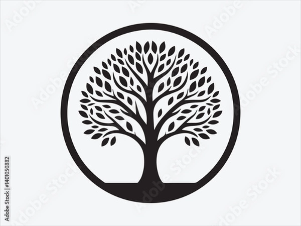 Fototapeta Tree in Circle Frame Silhouette with Elegant Nature Symbol for Minimalist Botanical and Spiritual Art Designs
