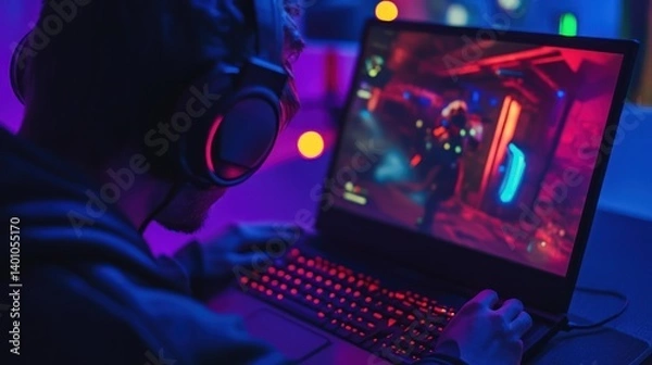 Obraz A laptop running an intense online battle royale game, player intensely focused, --ar 16:9 --v 6.1 Job ID: f88f9682-211b-48b2-a510-c09410448e76